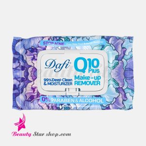 دستمال مرطوب پاک کننده آرایش دافی مدل Q10 Plus ضد جوش بسته ۵۰ عددی
