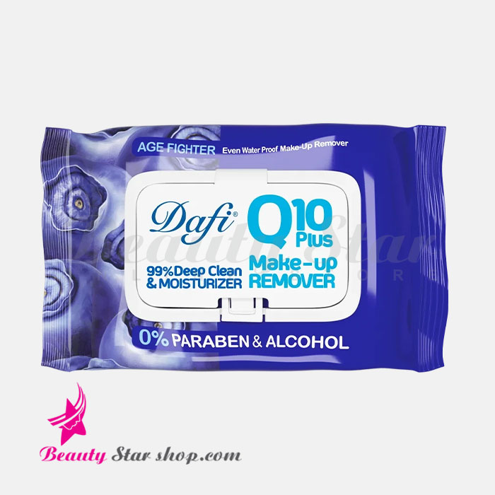 دستمال مرطوب پاک کننده آرایش دافی مدل Q10 Plus طرح بلوبری بسته ۵۰ عددی
